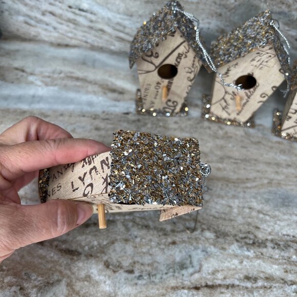 Set Of 8 Miniature Decorative Glitter Birdhouse Ornaments Printed Fabric - Picture 7 of 10